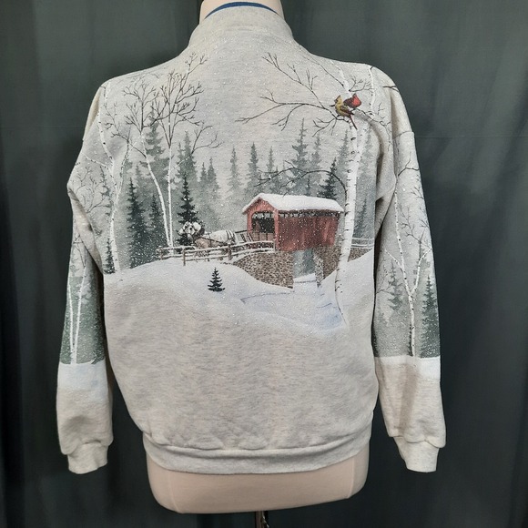 VTG Winter Scene Sweatshirt Wrap Around All Over Print Womens XL Horses Cardinal - Picture 2 of 13